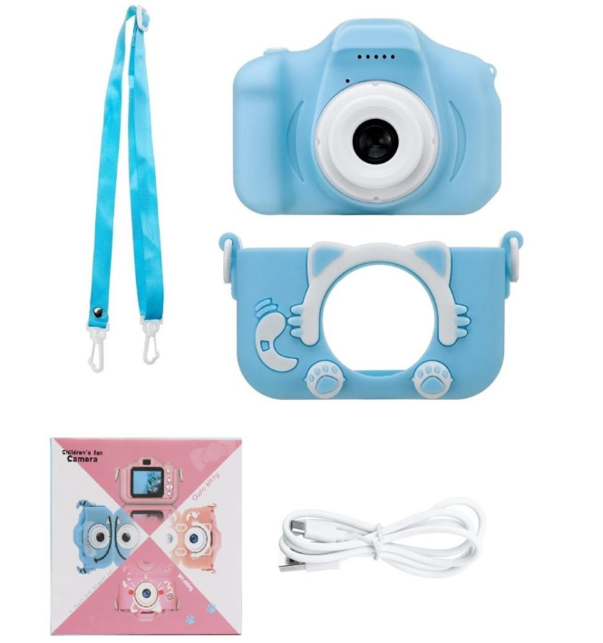 Детский фотоаппарат Childrens Fun Camera / Мини-видеокамера / 5 встроенных игр для детей Голубой котик - фото 8 - id-p205482606