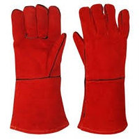Перчатки кожаные(спилковые) красные на подкладке, длина: 35 см, размер 14