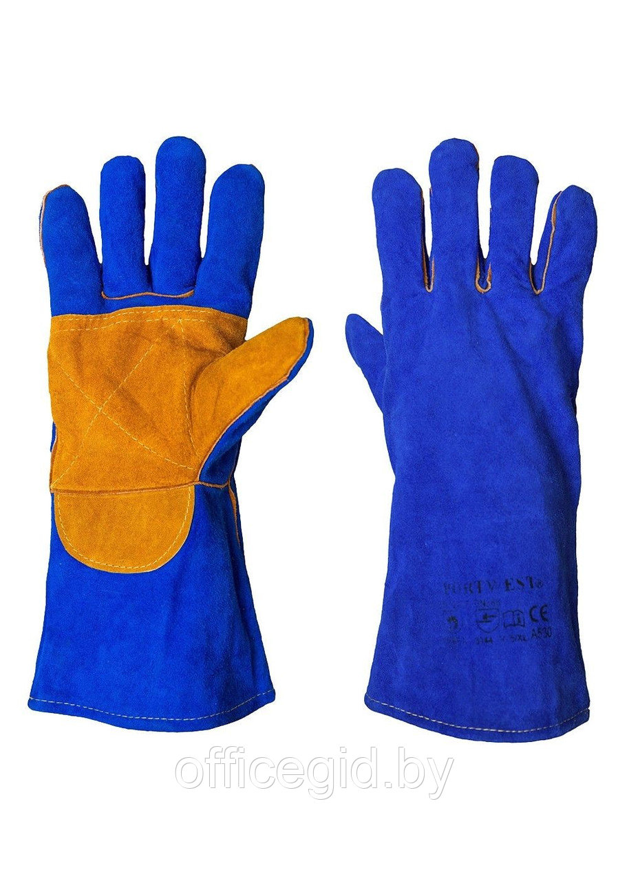 Перчатки кожаные(спилковые) СИНИЕ на подкладке с усиленной ладонью, длина: 35 см, размер 14 - фото 1 - id-p205536269