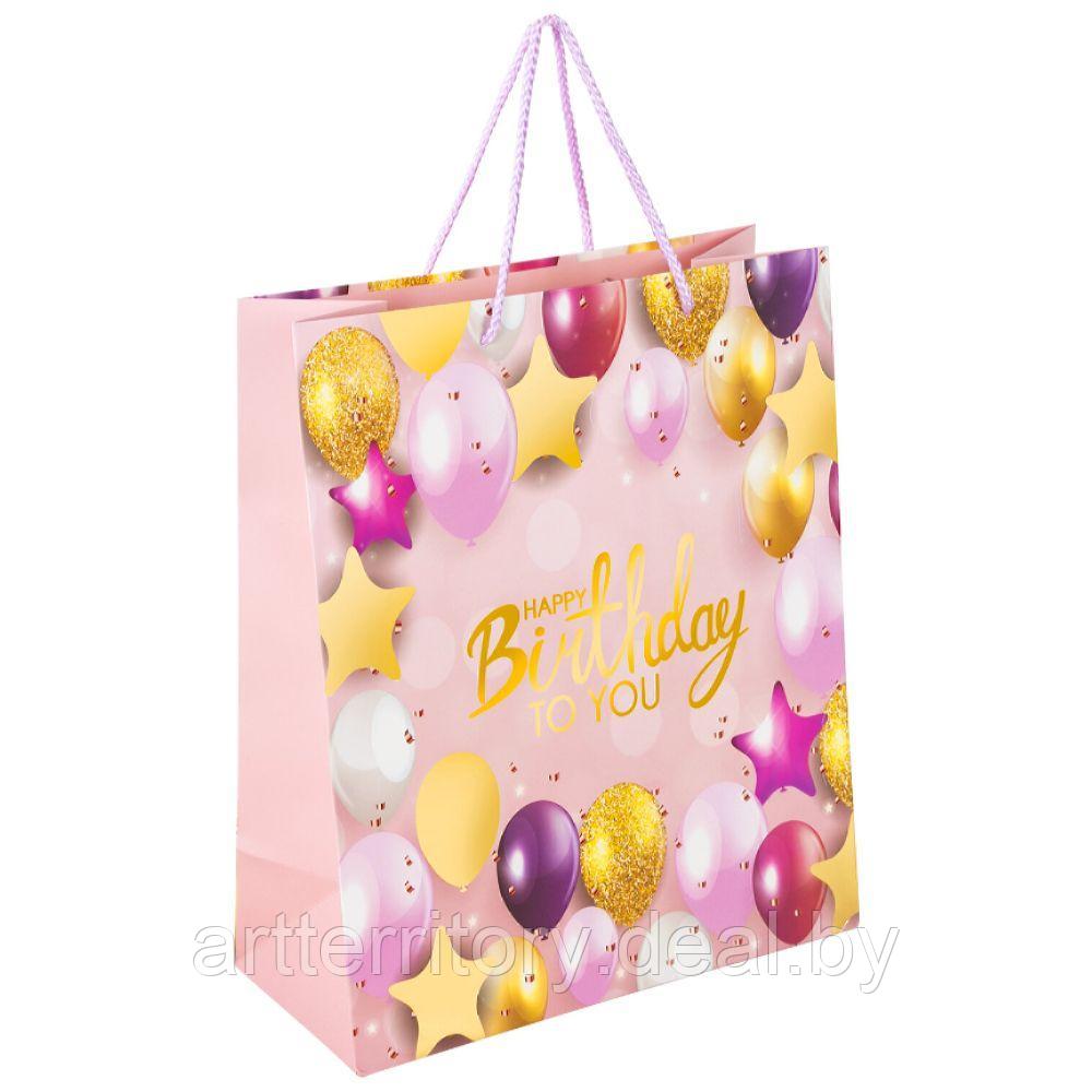 Пакет подарочный 26,5x12,7x33 см,"Happy Birthday", фольга, розовый