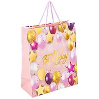 Пакет подарочный 26,5x12,7x33 см,"Happy Birthday", фольга, розовый