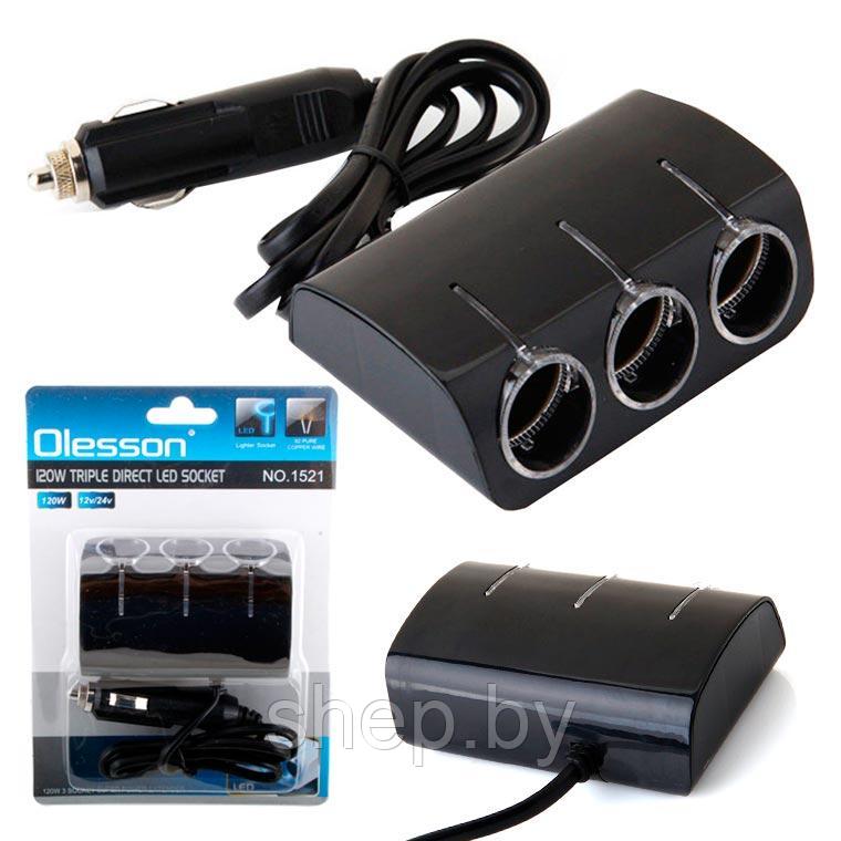 Автомобильный разветвитель прикуривателя Olesson 1521 3-ой + 2 USB на проводе с подсветкой черный
