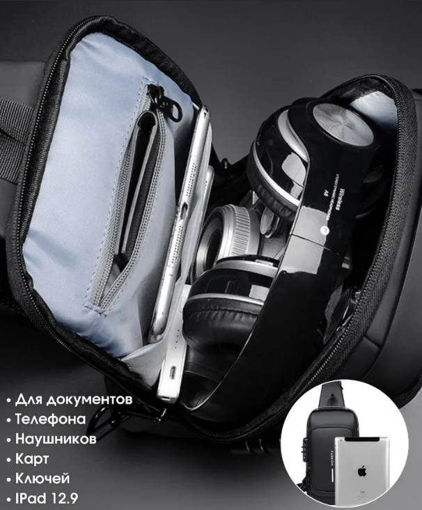 Сумка - рюкзак через плечо Fashion с кодовым замком и USB / Сумка слинг / Кросc-боди барсетка - фото 4 - id-p205692114