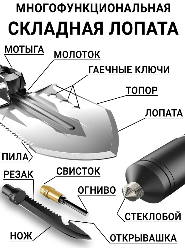 Многофункциональная складная лопата / Лопата - мультитул 12в1 - фото 2 - id-p205703653