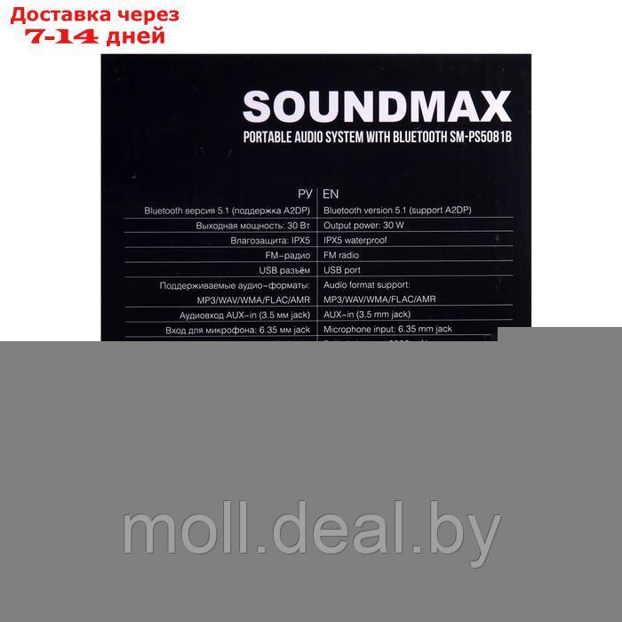 Портативная колонка Soundmax SM-PS5081B, 45Вт, 3600мАч, FM, BT, USB, TWS, подсветка, черная - фото 10 - id-p205667389