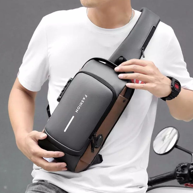 Сумка - рюкзак через плечо Fashion с кодовым замком и USB. Цвет: синий с коричневым - фото 8 - id-p205708467