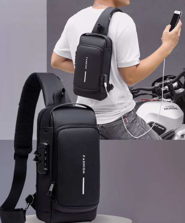 Сумка - рюкзак через плечо Fashion с кодовым замком и USB. Цвет: синий с коричневым - фото 9 - id-p205708467