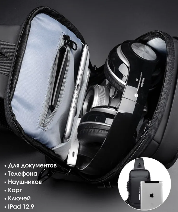 Сумка - рюкзак через плечо Fashion с кодовым замком и USB / Сумка слинг / Кросc-боди барсетка Серый с - фото 2 - id-p205690687