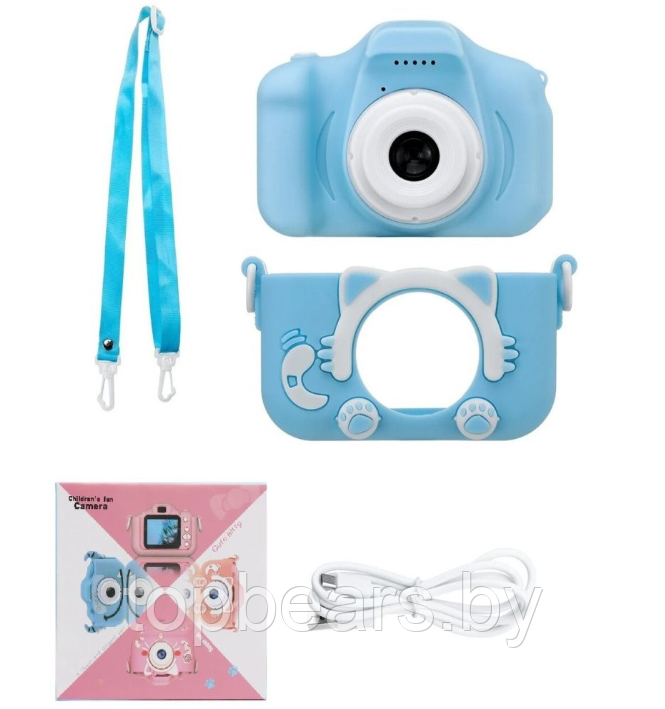 Детский фотоаппарат Childrens Fun Camera / Мини-видеокамера / 5 встроенных игр для детей Голубой котик - фото 8 - id-p205715560