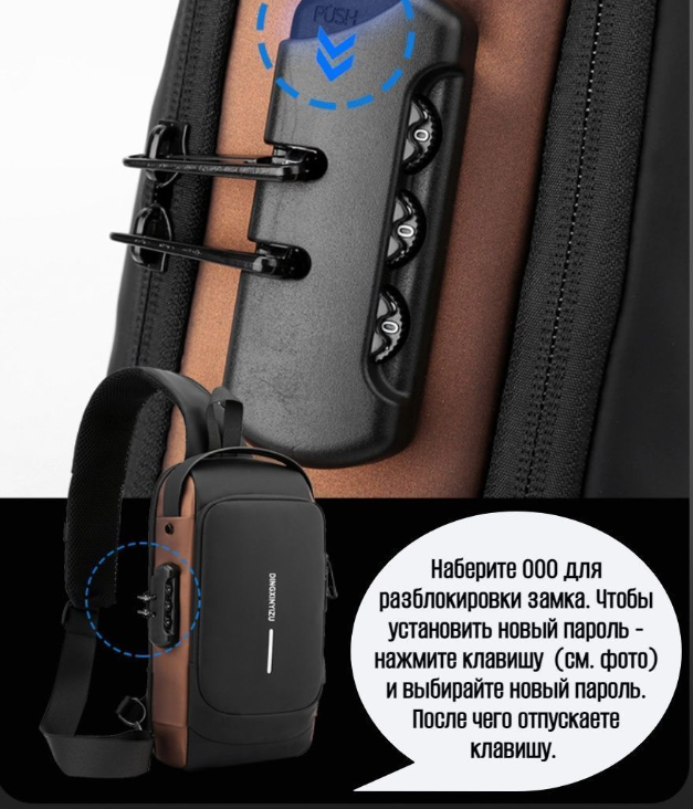 Сумка - рюкзак через плечо Fashion с кодовым замком и USB / Сумка слинг / Кросc-боди барсетка Черный - фото 5 - id-p205715862