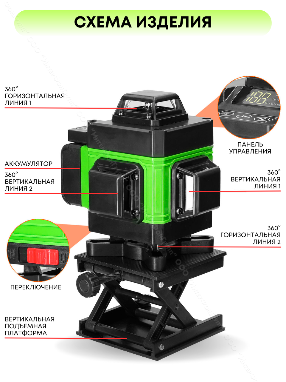 Лазерный уровень 4D самовыравнивающийся влагозащитный противоударный с сенсорным экраном и кейсом - фото 9 - id-p205914030
