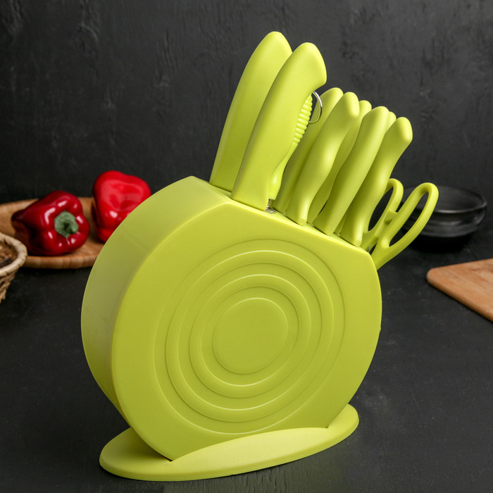Набор кухонных принадлежностей на подставке, 8 ножей, ножеточка, ножницы, цвет зелёный - фото 1 - id-p205929597