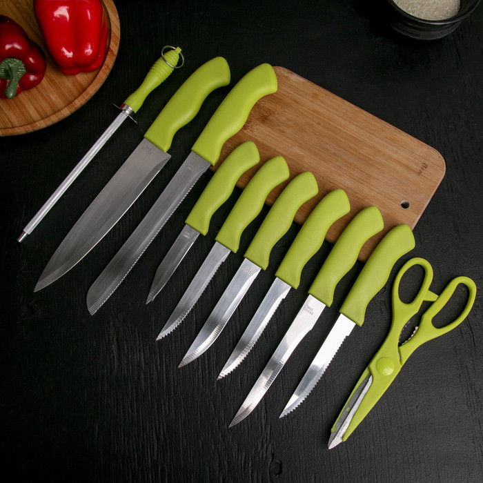 Набор кухонных принадлежностей на подставке, 8 ножей, ножеточка, ножницы, цвет зелёный - фото 2 - id-p205929597