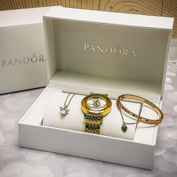 Комплект Pandora (Часы, кулон, браслет)  Золото с белым циферблатом