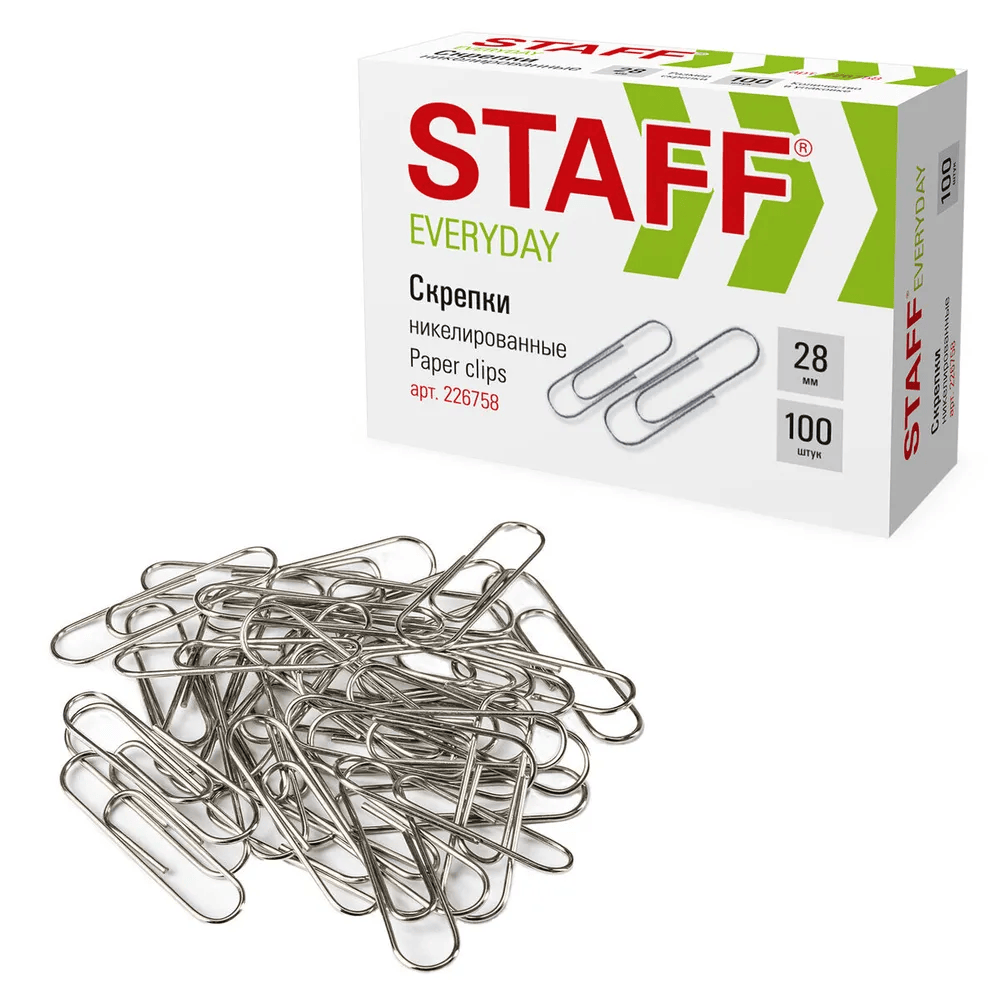 Скрепки Staff, 28 мм, никелированные, 100 штук, в картонной коробке