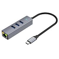 Адаптер Hoco HB34 Type-C на 4 (USB 3.0*3+RJ45) цвет: металлик