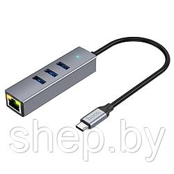Адаптер Hoco HB34 Type-C на 4 (USB 3.0*3+RJ45) цвет: металлик