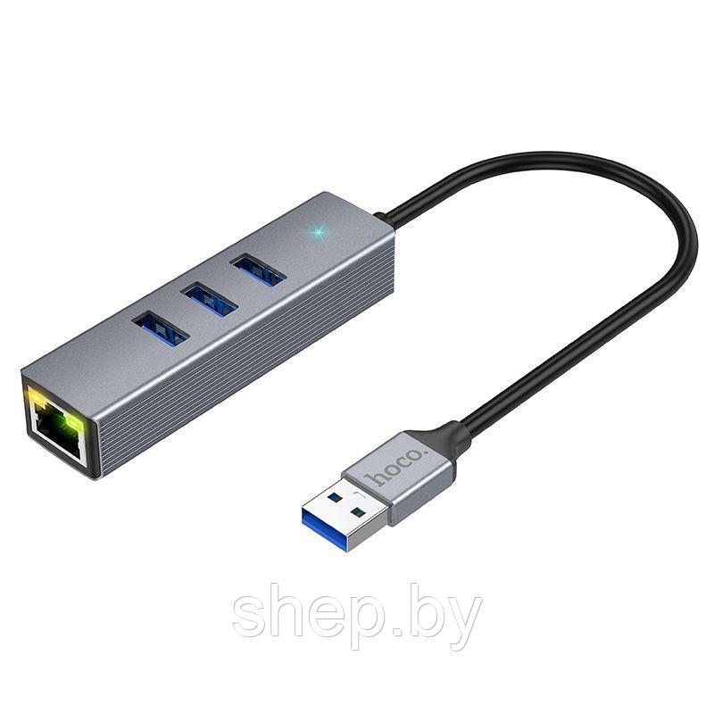 Адаптер Hoco HB34 USB на 4 (USB 3.0*3+RJ45) цвет: металлик - фото 1 - id-p206305294