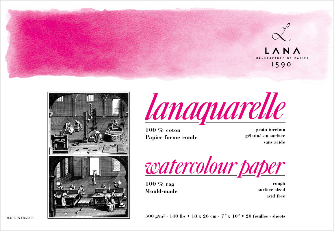 Бумага для акварели Lanaquarelle, 300 г/м, 100% хлопок, склейка, торшон, крупное зерно, 18 x 26 см, 20 листов - фото 1 - id-p206307970