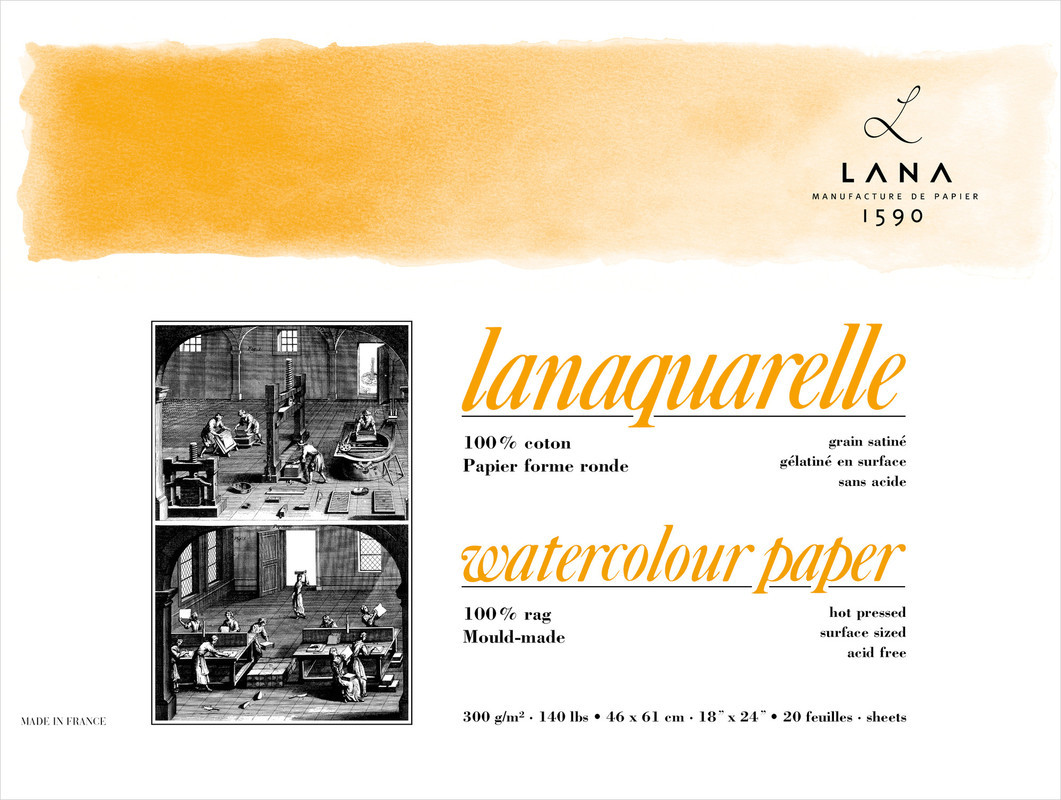 Бумага для акварели Lanaquarelle, 300 г/м, 100% хлопок, склейка, горячее прессование, 46 x 61 см, 20 листов - фото 1 - id-p206307976