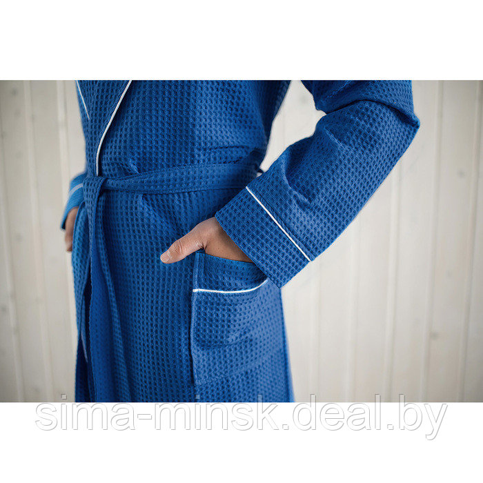 Халат мужской, шалька+кант, размер 50, цвет синий, вафля - фото 4 - id-p206436376