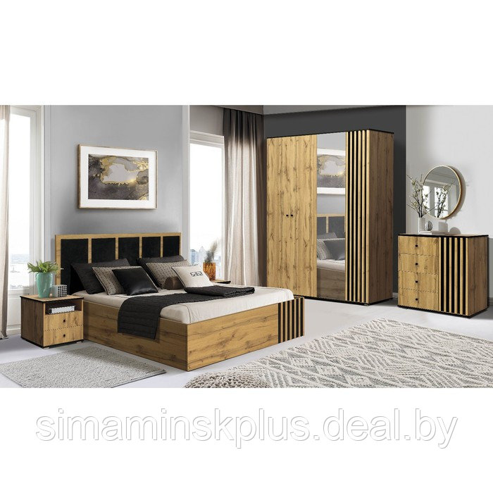 Кровать «Либерти» 51.18, 1400×2000 мм, цвет дуб вотан / чёрный / велюр монако чёрный - фото 5 - id-p206457193