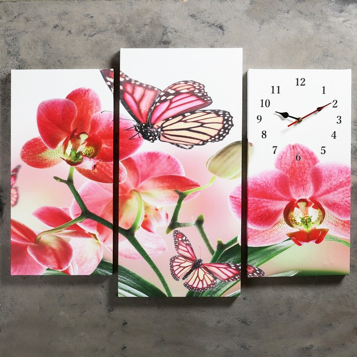 Часы настенные, модульные, серия: Цветы, "Бабочки на цветах", 60х80 см - фото 1 - id-p206476065