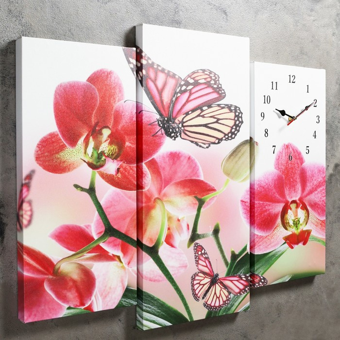 Часы настенные, модульные, серия: Цветы, "Бабочки на цветах", 60х80 см - фото 2 - id-p206476065