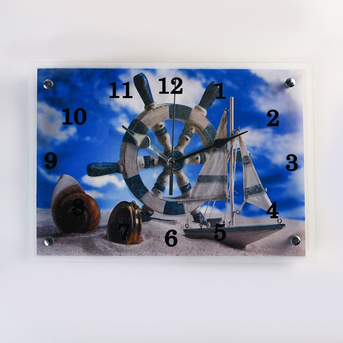 Часы настенные, серия: Море, "Штурвал и яхта на песке", 25х35 см - фото 1 - id-p206476081