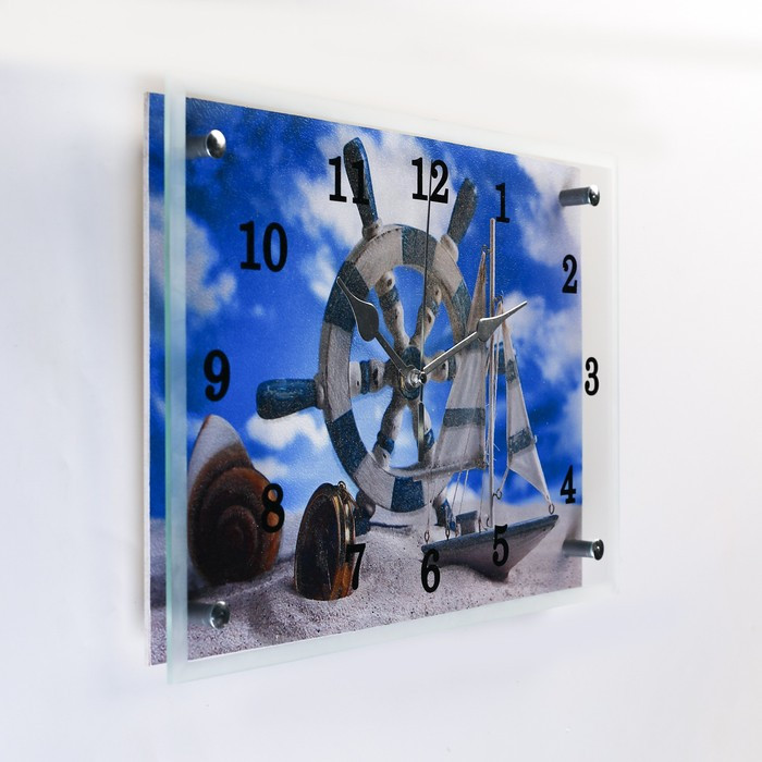 Часы настенные, серия: Море, "Штурвал и яхта на песке", 25х35 см - фото 2 - id-p206476081