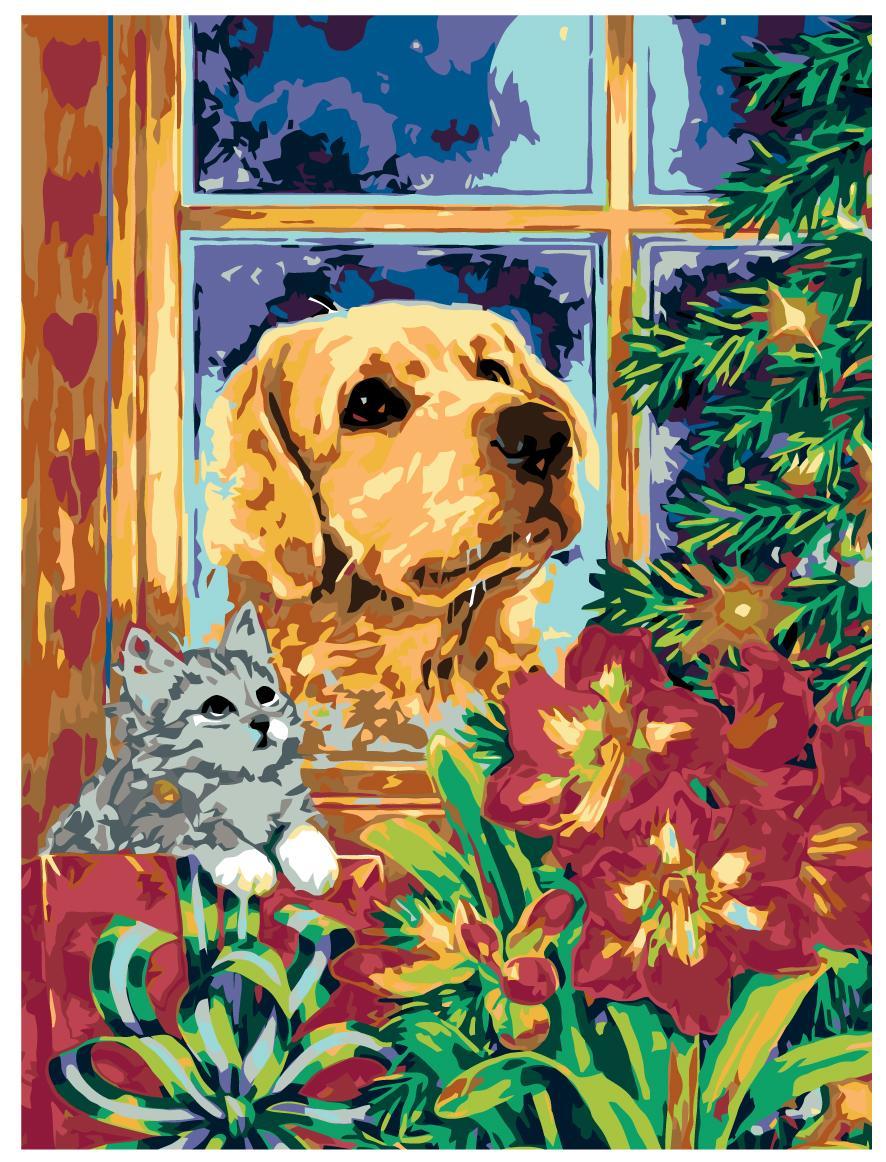Картина по номерам Котенок и пес у елки 30 x 40 | RA43 | SLAVINA