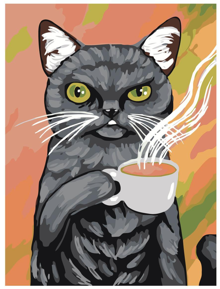 Рисование по номерам Кот с кофе 30 x 40 | A130 | SLAVINA - фото 1 - id-p206627339
