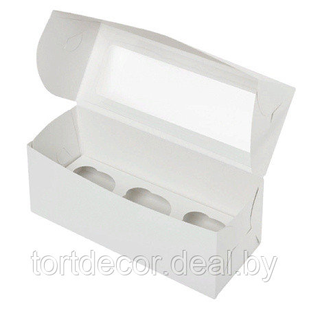 Коробка на 3 капкейка с окном Белая 23х12х10 см - фото 1 - id-p206629276