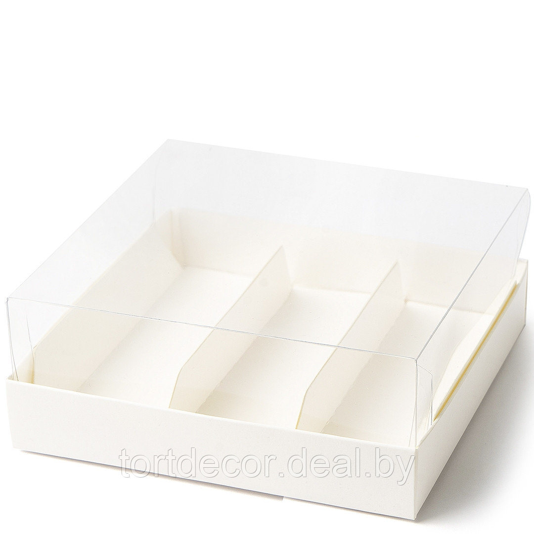 Коробка на 3 эклера белая с пластиковой крышкой 13,5*13,5*5 см - фото 1 - id-p206647948