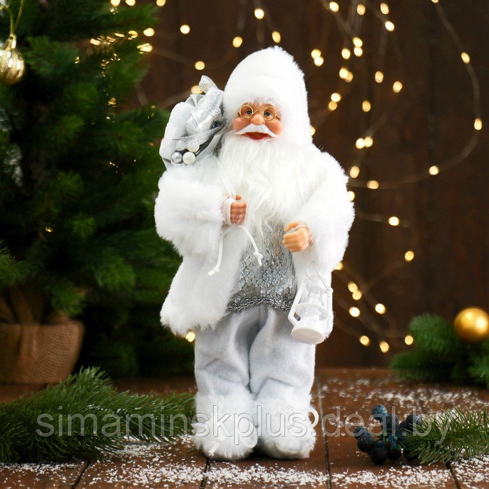Дед Мороз "В белой шубке, с фонариком и подарками" 30 см - фото 1 - id-p206760991