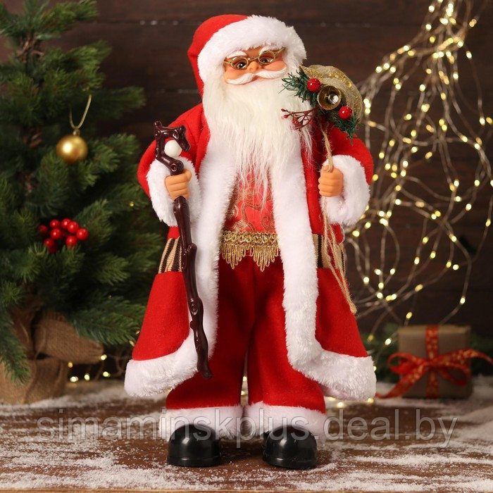 Дед Мороз "В красном костюмчике с орнаментом, с посохом" двигается, 20х50 см - фото 1 - id-p206761039