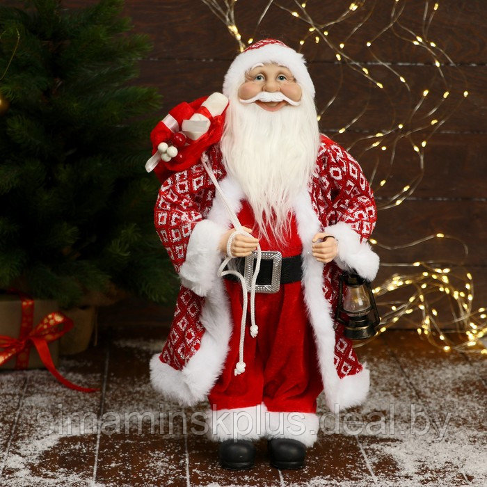 Дед Мороз "В колпачке и шубе ромбик, с фонариком и подарками" 23х45 см - фото 1 - id-p206761043