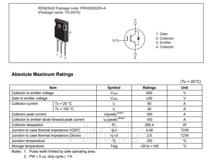 RJH60F5DPQ Транзистор IGBT 600В 80А - фото 2 - id-p64972179