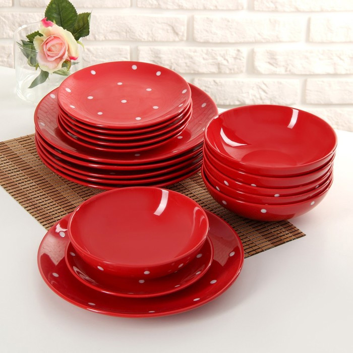 Набор тарелок керамических Доляна «Красный горох», 18 предметов: 6 тарелок d=19 см, 6 тарелок d=27 см, 6 мисок - фото 1 - id-p206994929