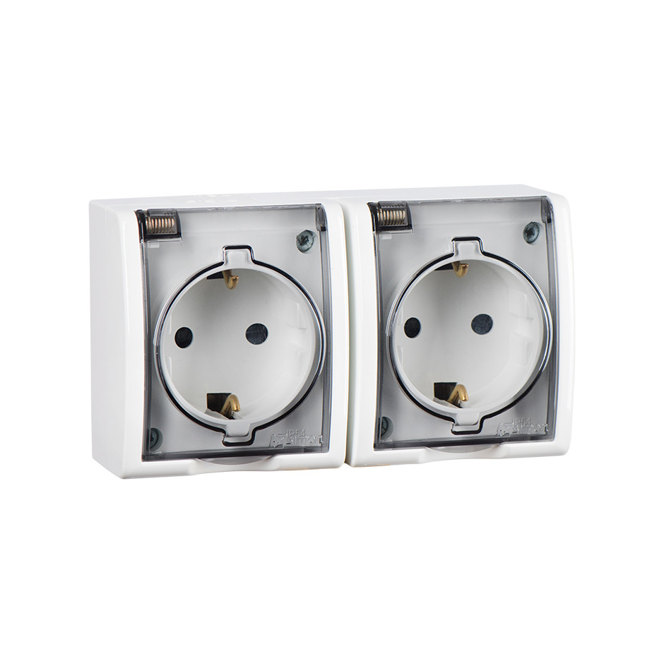 1594433-030 Розетка двойная IP54 с крышкой и заземлением
Schuko 2x2Р+Е 16A 250В~ белого цвета Aqua