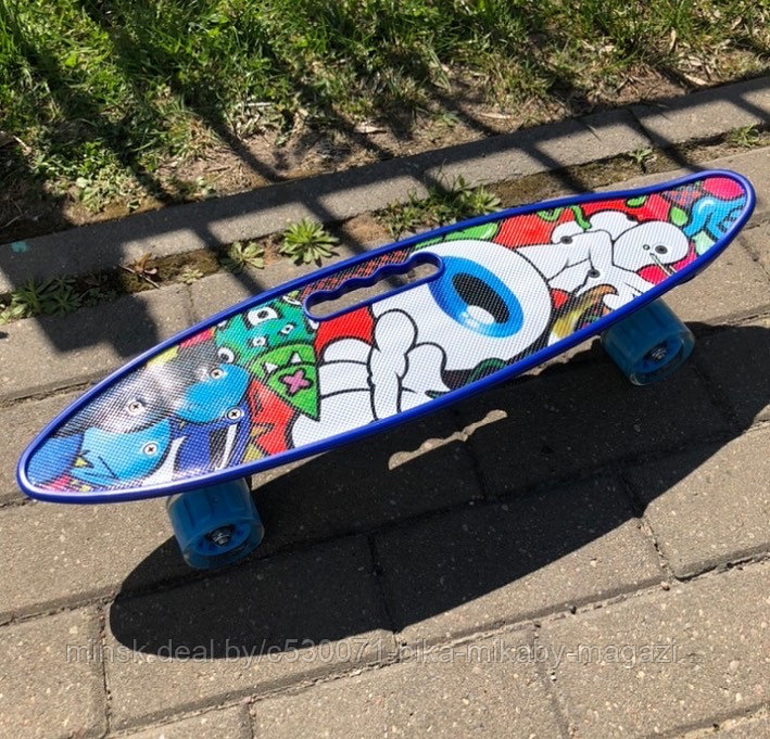 Скейт скейтборд Пенни борд Penny board с принтом, светящимися колёсами и ручкой - фото 1 - id-p207114051