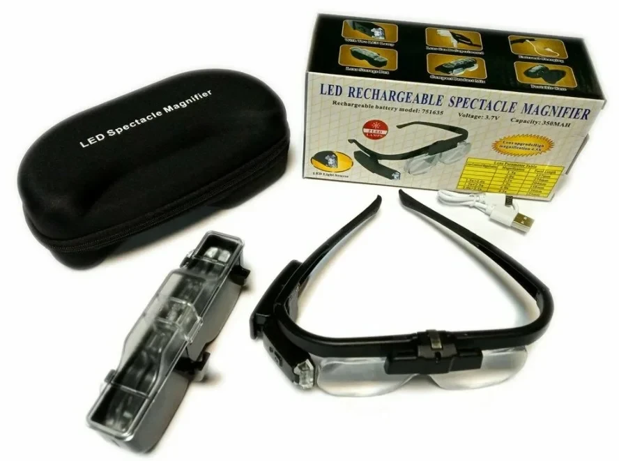 Лупа-очки налобная аккумуляторная с подсветкой (2 LED)