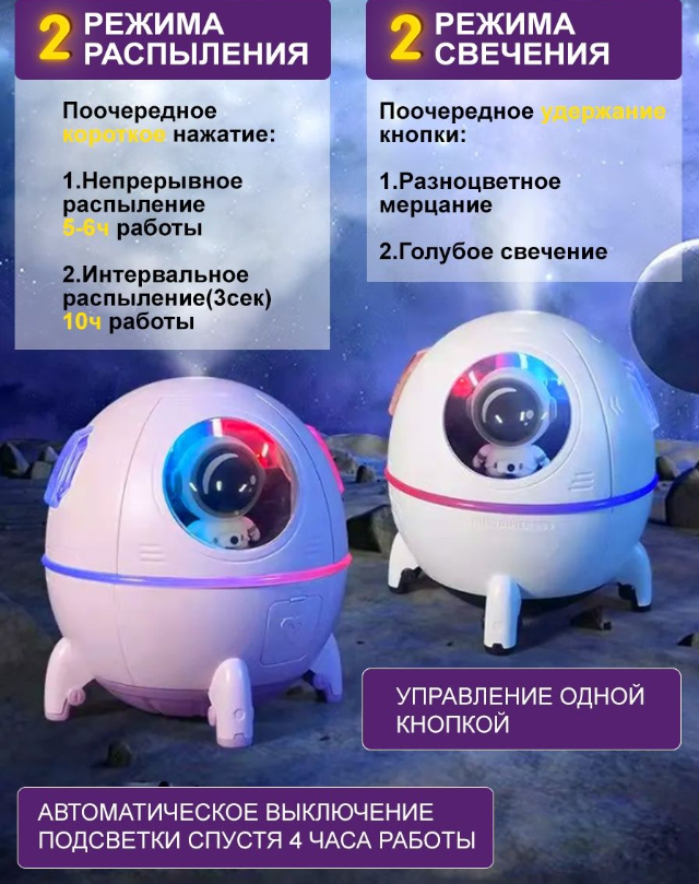 Ультразвуковой увлажнитель воздуха - игрушка Космический корабль Space Capsule Humidifier MJ046 Сиреневый - фото 9 - id-p207135006