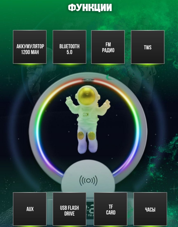 Светодиодная Bluetooth колонка-ночник с астронавтом с функцией беспроводной зарядки, подсветкой, радио и - фото 4 - id-p207134943