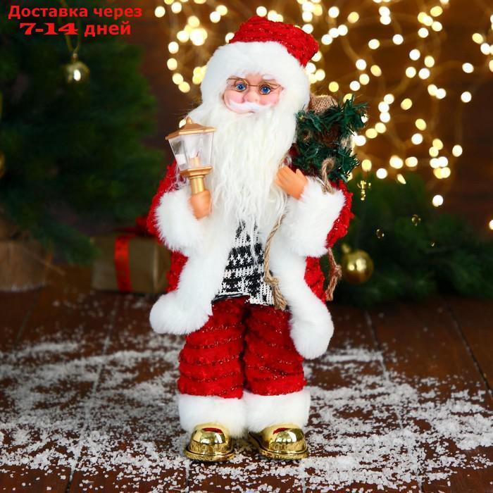 Дед Мороз "В свитере и блестящей шубке с белым мехом" двигается, фонарь светится, 15х35 см - фото 1 - id-p207340275