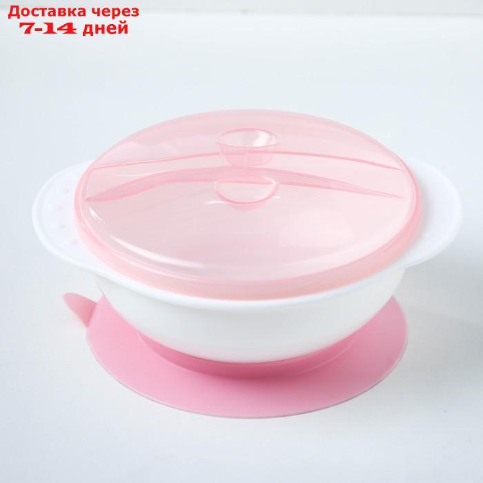 Набор для кормления, 3 предмета: миска на присоске 400 мл, крышка, ложка, цвет присоски розовый, цвет крышки - фото 3 - id-p207341282