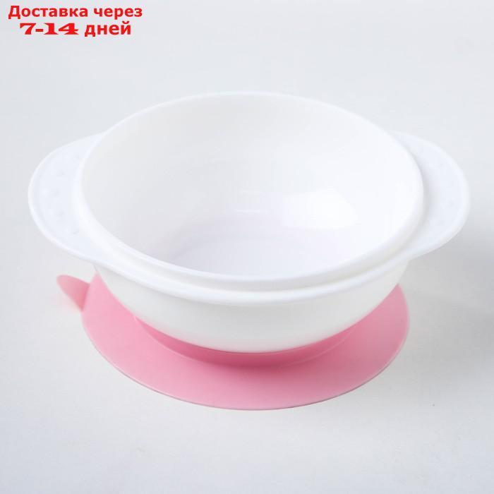 Набор для кормления, 3 предмета: миска на присоске 400 мл, крышка, ложка, цвет присоски розовый, цвет крышки - фото 5 - id-p207341282
