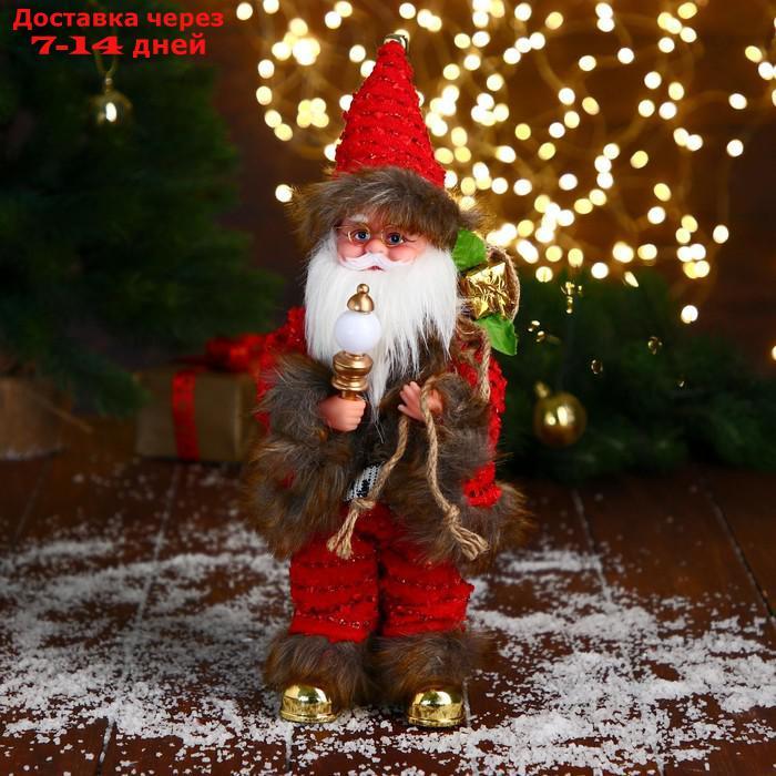 Дед Мороз "В свитере и шубке с коричневым мехом" двигается, лампа светится, 15х30 см - фото 1 - id-p207340421