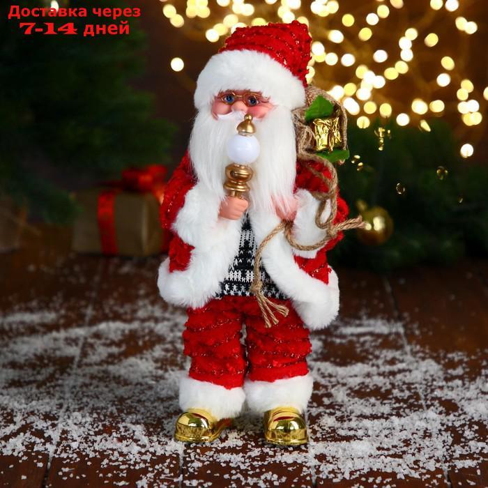 Дед Мороз "В свитере и блестящей шубке с белым мехом" двигается, лампа светится, 15х30 см - фото 1 - id-p207340440