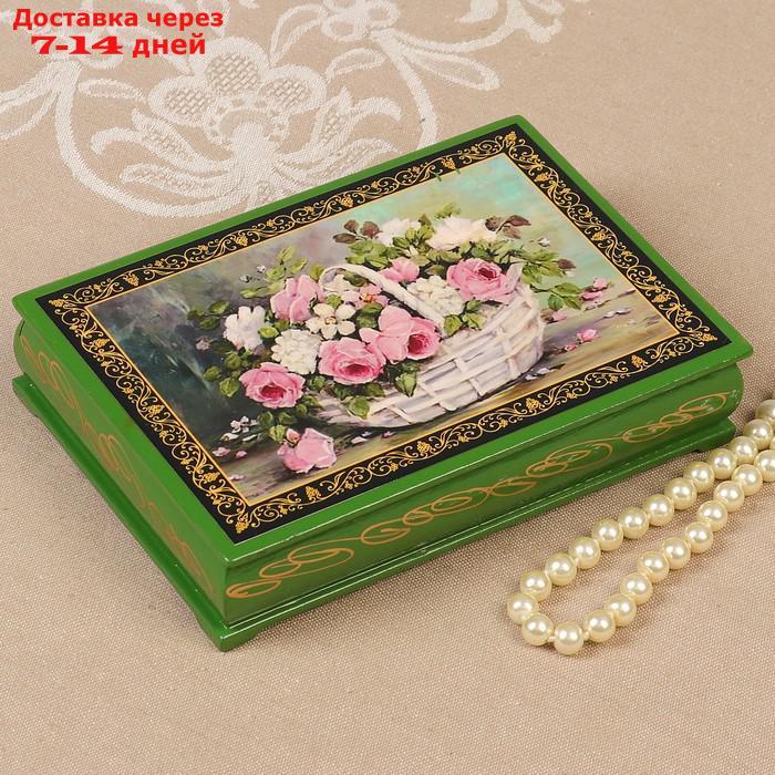 Шкатулка "Розы с полевыми цветами в корзине", зелёная, 11×16 см, лаковая миниатюра - фото 1 - id-p207335501